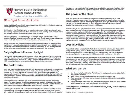Dangers of Blue Light viaThe Harvard Health Letter